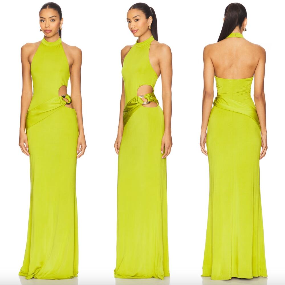NBD | NWT The Evanna Gown in Green Chartreuse Belted Jersey Maxi Dress XXS